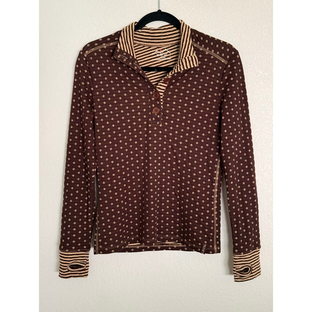 Kavu Womens Small Brown Polka Dot Henley Long Sleeve Top Thumbholes Outdoor